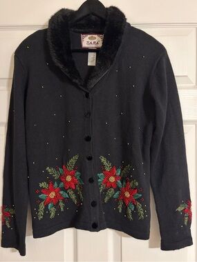 Vtg Tiara Christmas Poinsettia Cardigan Faux Fur Collar - Size Small